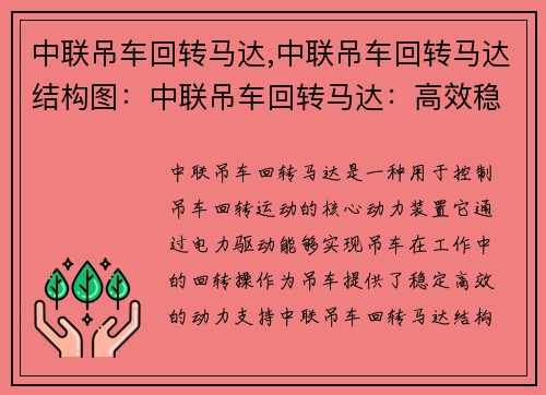 中联吊车回转马达,中联吊车回转马达结构图：中联吊车回转马达：高效稳定的核心动力