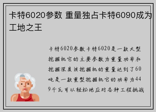 卡特6020参数 重量独占卡特6090成为工地之王